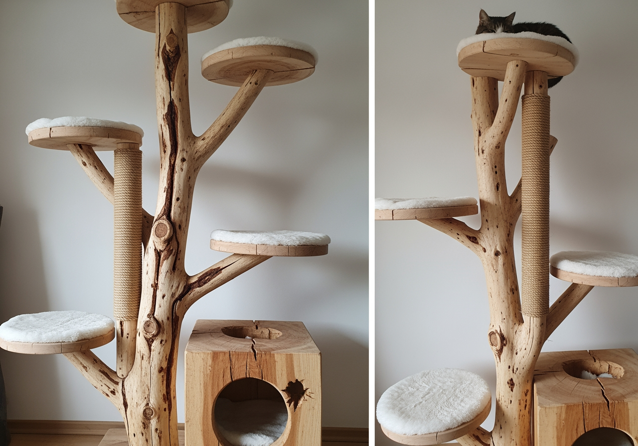 Arbre à chat sur mesure en bois naturel avec vrais troncs